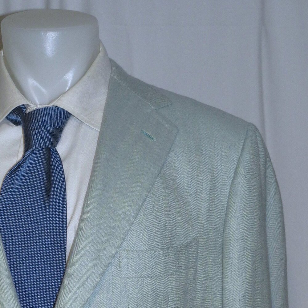 Tincati x Partenopea Bespoke Pale Green HBone Cashmere Two Button Sport Coat 44L